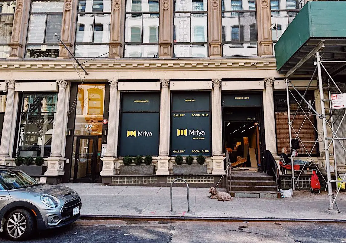 Street view of a building with columns and large windows displaying 'Mriya' gallery and social club signs, a grey Mini Cooper parked on the left, and a person sitting on the right with a dog lying on the sidewalk.