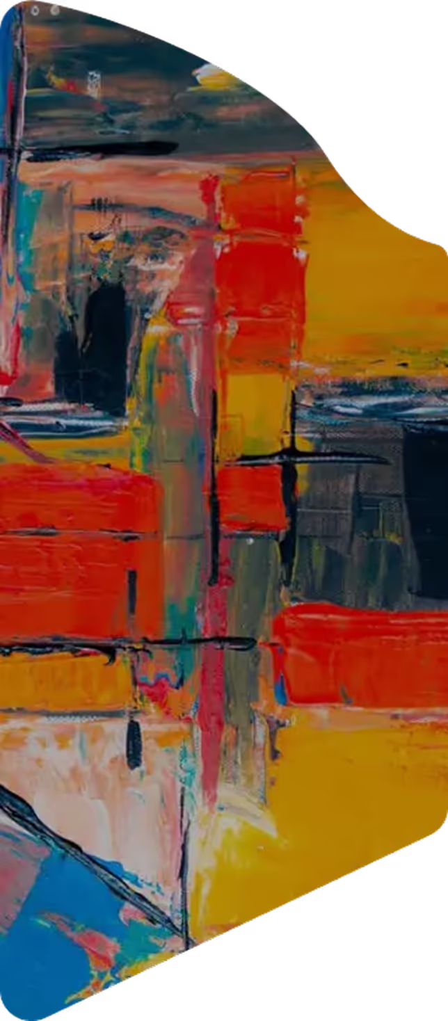 Abstract painting with bold red, yellow, blue, and black blocks and brushstrokes blending into each other.