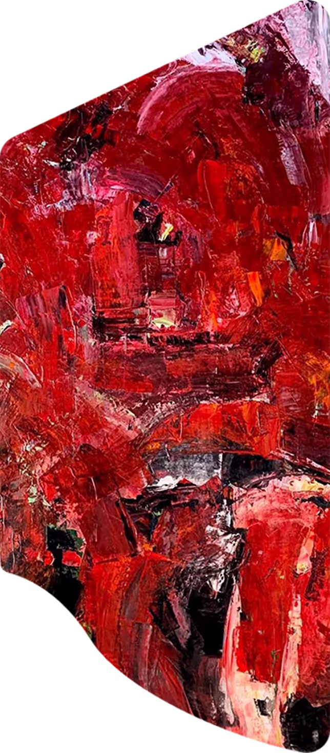 Abstract painting with thick, textured brush strokes in various shades of red and black.