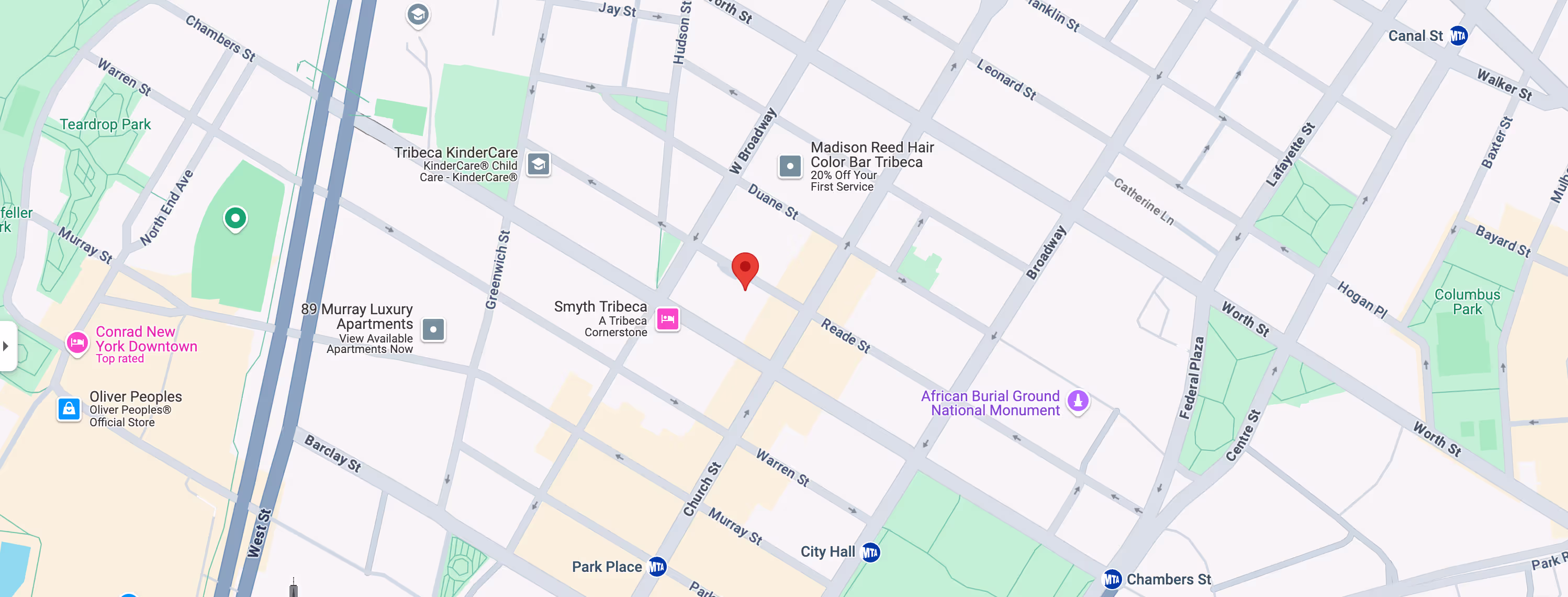 Map showing streets and landmarks in Tribeca, New York, including parks, apartments, stores, and public transit stations.